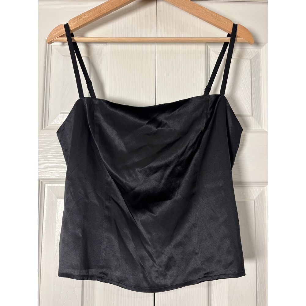 Quince Washable Silk Square Neck Tank Top Black Smocked Back Cami Medium